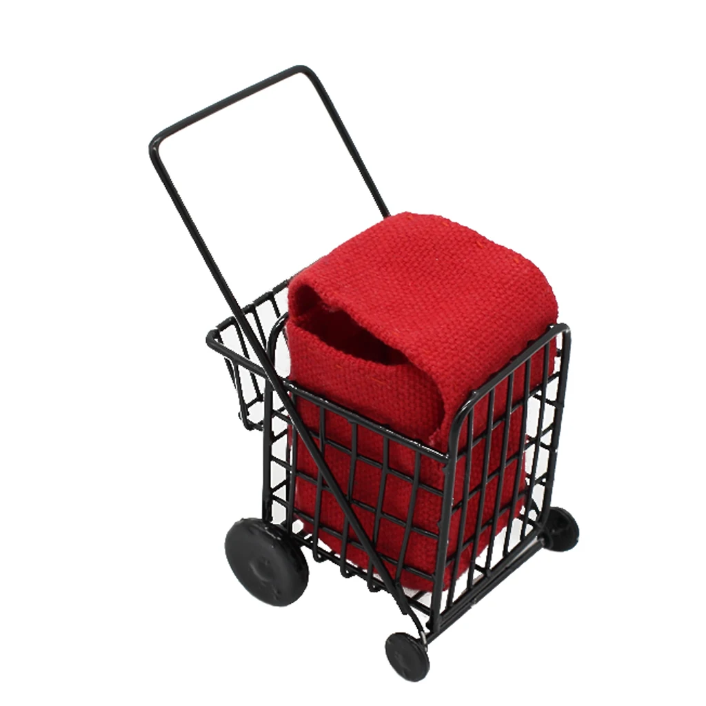 Dollhouse Miniature Metal Shopping Cart with Red Bag Kids Pretend Play Toy
