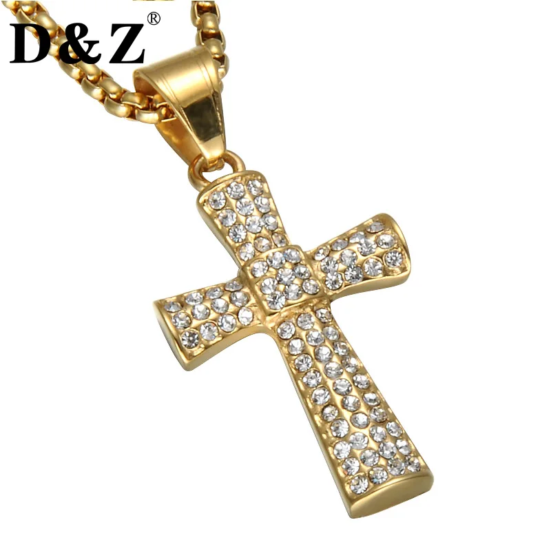 

D&Z Religious Ice Out Cross Pendant Necklace Gold Color Stainless Steel Rhinestone Vintage Cross Necklaces for Christian Jewelry