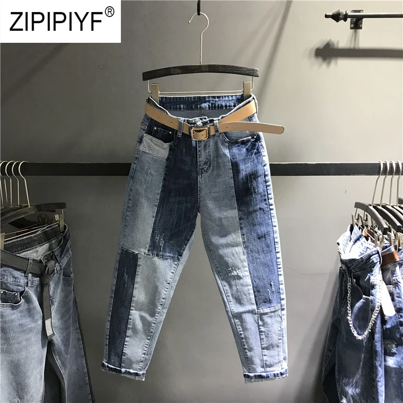 

2019 New Arrival Jeans Women High Waist Bodycon Harem Pants Casual Patchwork Color Washed Denim Jeans Elegant Ripped Jeans K495