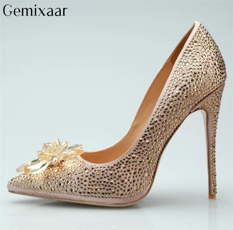 

New Coming Apricot Satin Drill Rhinestone Decor Jewel Wedding Shoes Pointy Toe Slim Shallow Thin High Heels Party Pumps Woman