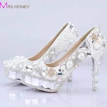 2016 funkelnden Kristall Braut Hochzeit Schuhe Pageant Abendschuhe Festival Party Prom High Heels Weiße Perle Frauen Bankett Schuhe