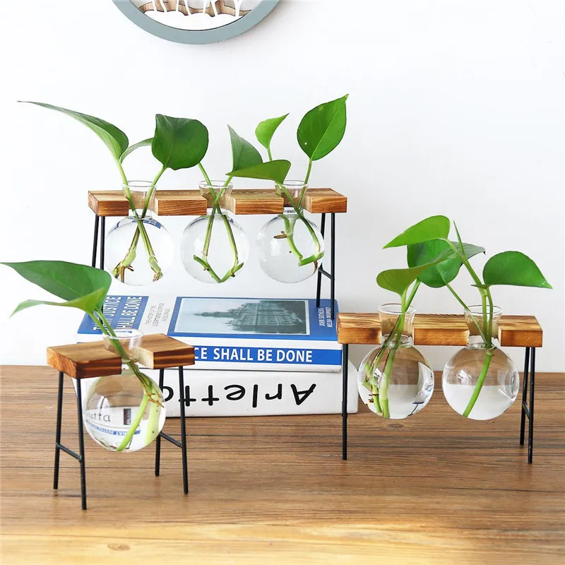 

Hydroponic Plant Transparent Creative Glass Bottle Vase Wooden Base Craft Tray Hydroponic Plant Decor Table Decoration Vases