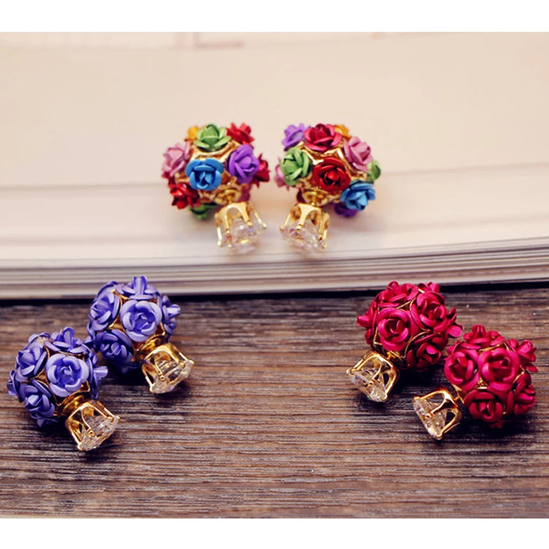 Shellhard Crystal Earring Femme Brincos Elegant Womens Double Sided Rose Flower Stud Earrings Fashion Jewelry Gift