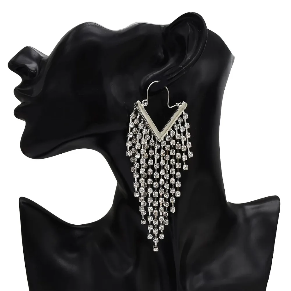 

2019 New Design 4 Colors Crystal Rhinestone Long Tassel Big Dangle Drop Earrings For Women Party Jewelry