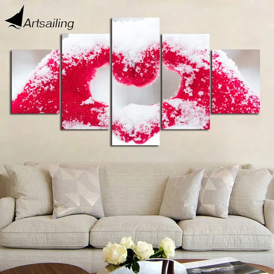 

Canvas Print Pictures Wall Art Framework 5 Pieces Handing Heart Winter Snow PaintingPoster Modular Home Decor Living Room