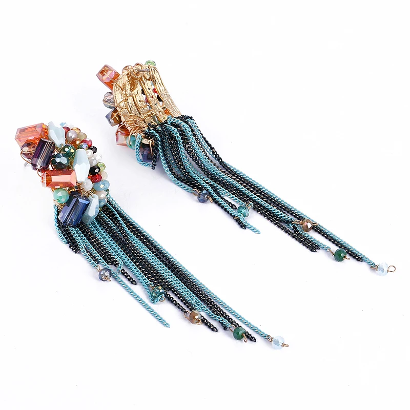 Уникальный дизайн, различные кристаллы, бусины, плетение с медными цепочками, кисточки, серьги, женские массивные висячие серьги