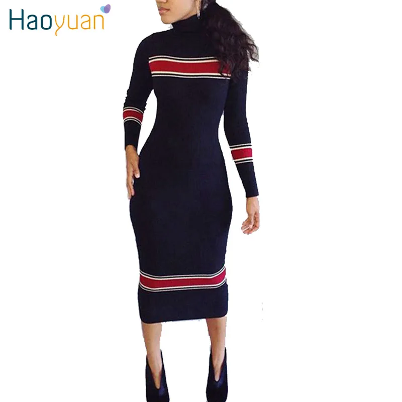 

HAOYUAN Women Autumn Winter Dress Turtleneck Long Sleeve Striped Knitted Dresses 2018 Vestidos Casual Bodycon Wrap Sweater Dress