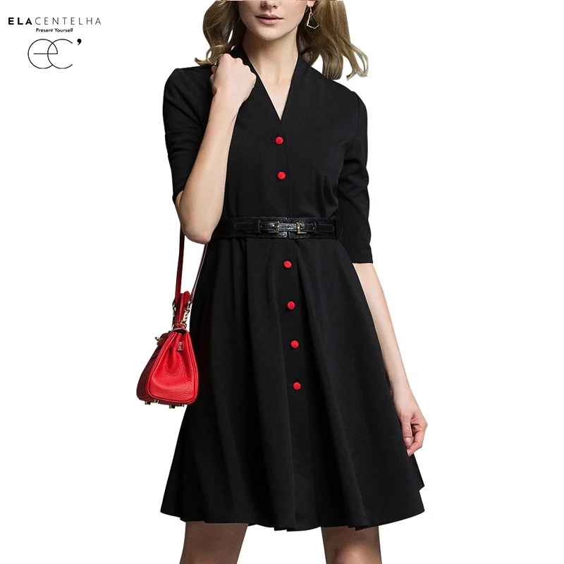 Buy Cheap ElaCentelha Women Summer Autumn Dress 2016 Posed Studs In The Pure Color Long Sleeve V-neck Dress Of Cultivate One's Morality