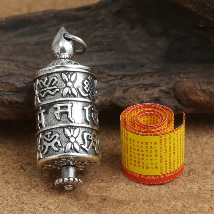 

Vintage Tibetan Buddhism Prayer Wheel 925 Sterling Silver Men Pendant