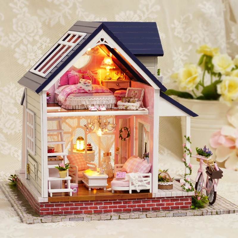 

DIY Doll House Miniature Dollhouse With Furnitures 3D Wooden Handmade Toys Gift For Children Bicycle Angel A060 #E