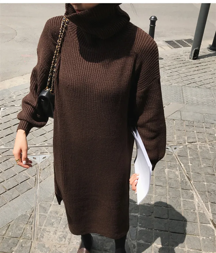 RUGOD длинный прямой вязаный свитер с круглым вырезом, женское платье зимние Утепленные размера плюс Женский пуловер, свитер в Корейском стиле шик с высоким, плотно облегающим шею воротником; платья