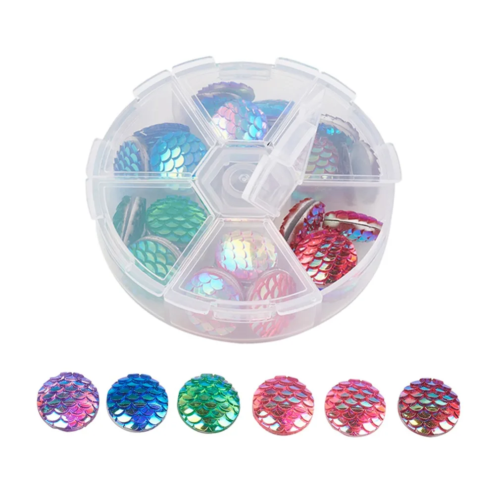Resin Cabochons Flat Round with Mermaid Fish Scale Mixed Color Size: about 15.5mm in diameter 4mm thick 8pcs/comparment 4 | Украшения и