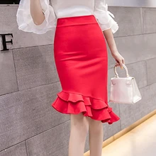 XXL Горячая Распродажа женские юбки плюс размер высокая талия облегающая юбка черный красный элегантные офисные женские оборки подол русалка юбка для женщин
