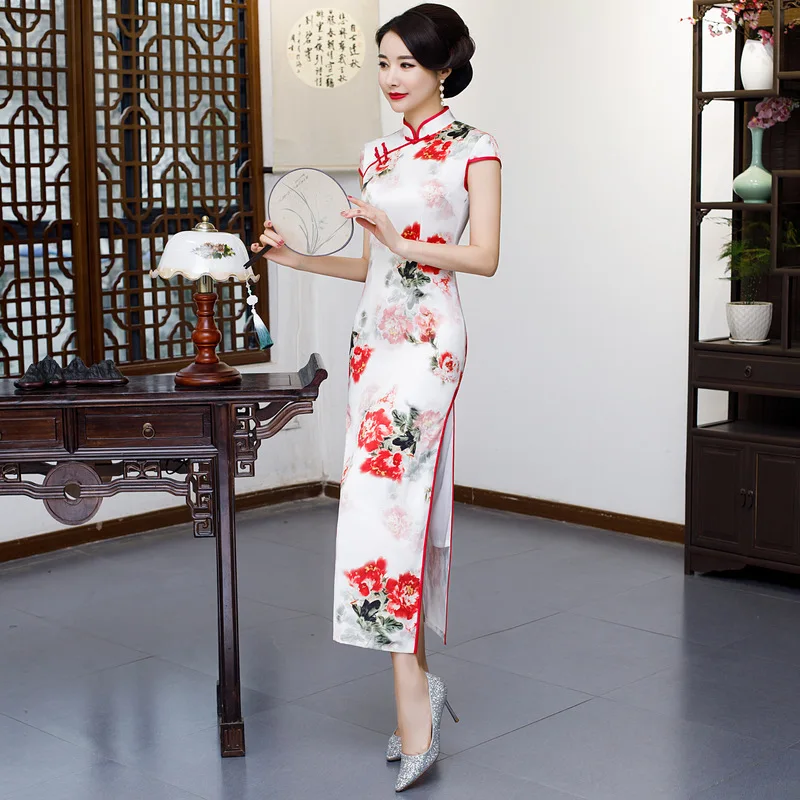 Плюс размеры XXXXXL белый китайский для женщин элегантные длинные Qipao печатных леди Ципао Сельма платье Cheongsam сексуальное костюмы