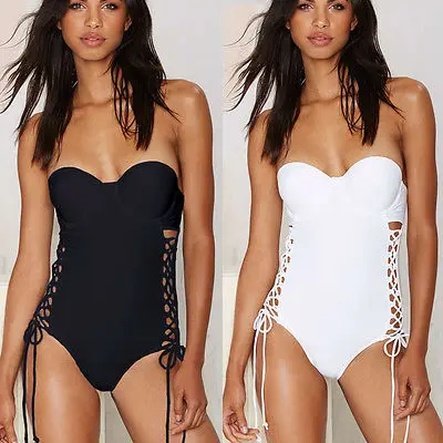 

Women Solid One Piece Monokini Push Up Padded Bikini Swimsuit Swimwear Bathing Suit Bandage Halter Strapless Beachwear Black