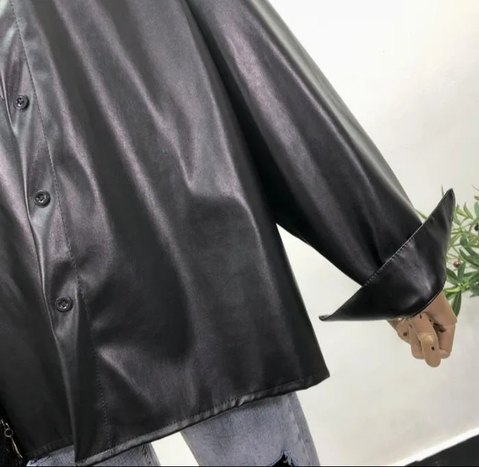 Весенняя модная свободная длинная рубашка из искусственной кожи Женская Ретро однобортная кожаная Блузка-Кардиган Топы