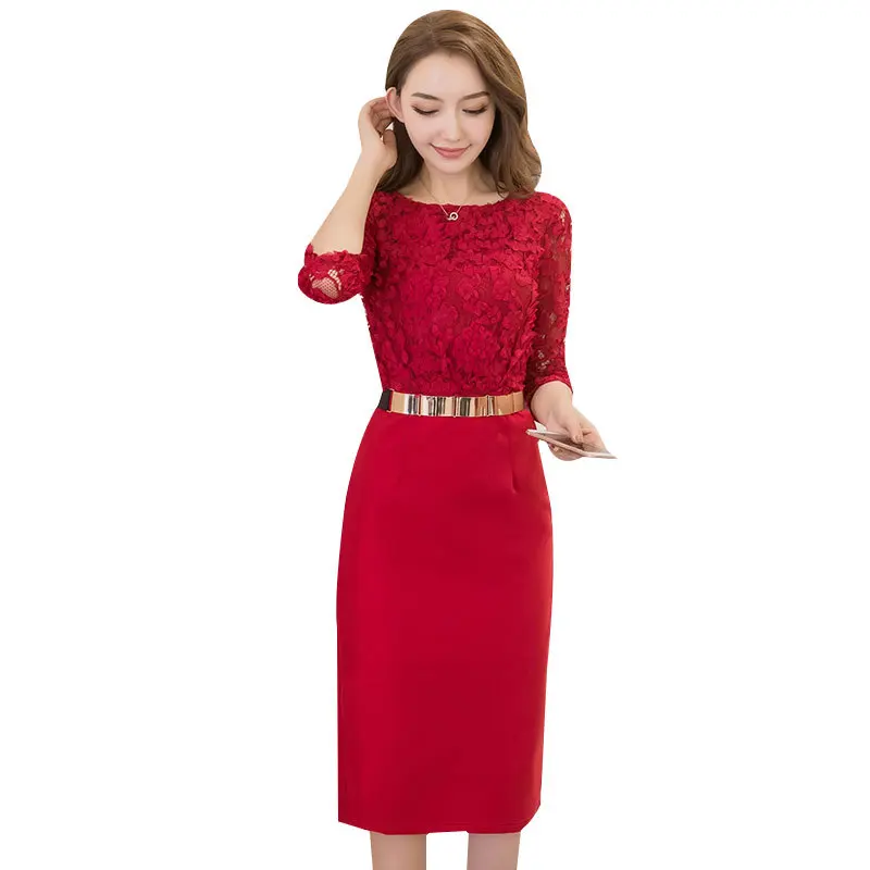 

Ladies dress women's 2019 red ladies fashion new temperament OL commuter stitching lace bag hip dress female party dress