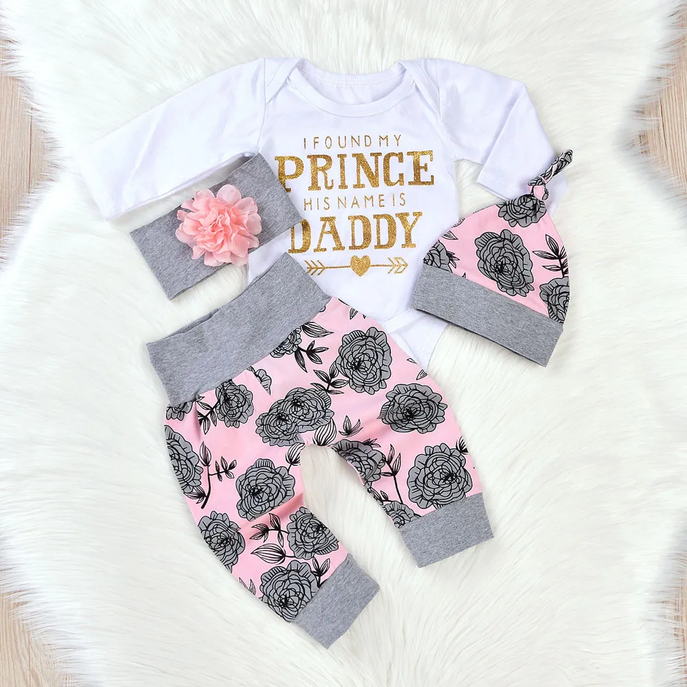Детский комбинезон с буквенным принтом для новорожденных девочек, комбинезон, штаны с цветочным принтом, комплект одежды из 4 предметов