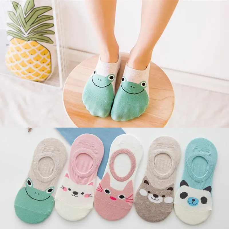 

5pairs/lot summer Korean Kawaii Non-slip Invisible Socks Women Casual Breathable Cartoon Cotton socks Elastic Boat Socks Short