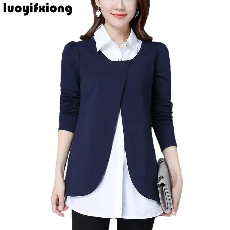 S-4XL Plus Size Womens Tops and Blouses 2018 Spring New Fake Two Pieces Casual Women Shirts Office Ladies Tops Blusas Femininas