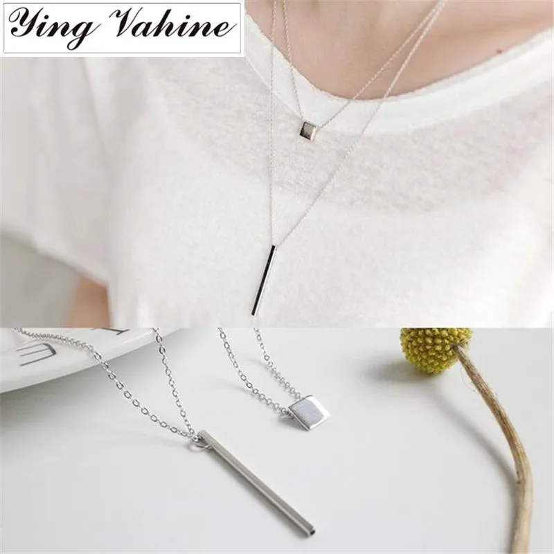 

925 Sterling Silver Jewelry Vertical Square Tube Long Necklace Square Short Necklace