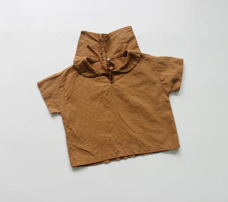 Коллекция года, летние хлопковые льняные рубашки для маленьких девочек топы с короткими рукавами в Корейском стиле для девочек, детская одежда повседневные блузки в консервативном стиле