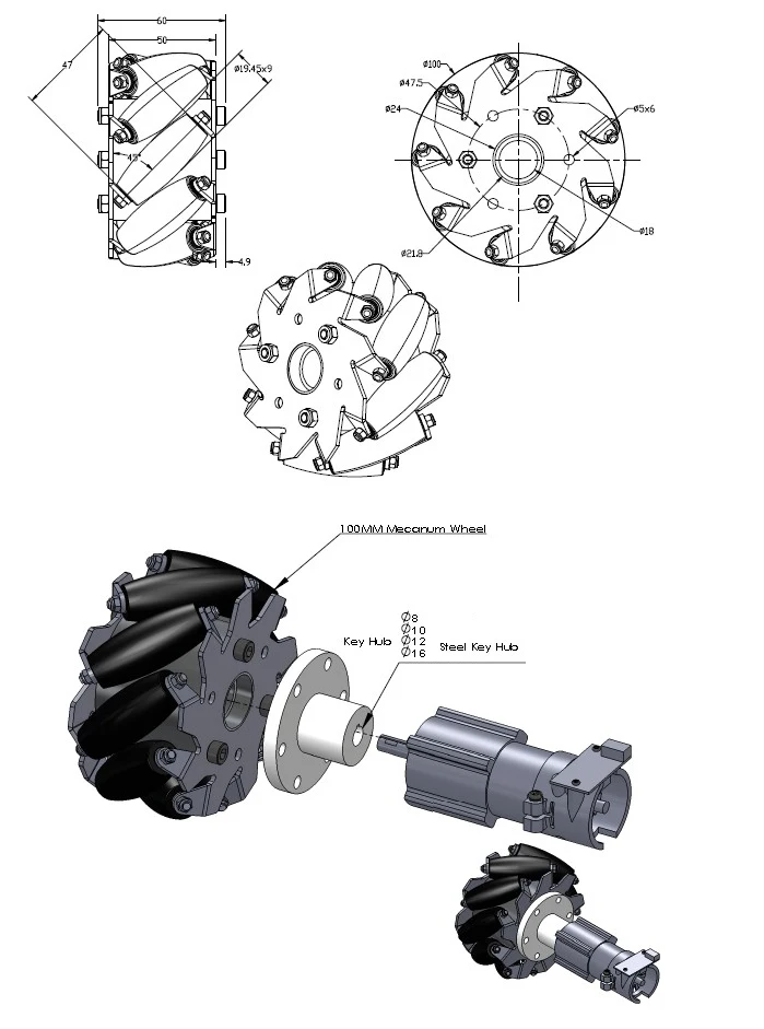 Набор 4 дюймовых 100 мм Mecanum колес с шариковым подшипником(2 левые, 2 правые