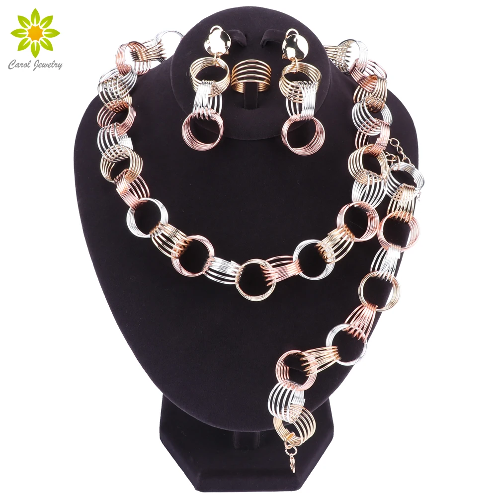 

Mixed Color Pendant Bridal Necklace Earrings Bracelet Ring For Women Jewelry Sets Gold Color Wedding Accessories
