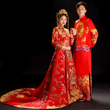 

bride Groom wedding dress Traditional chinese style Phoenix cheongsam Embroidery clothing Luxury ancient Royal Red Qipao gown