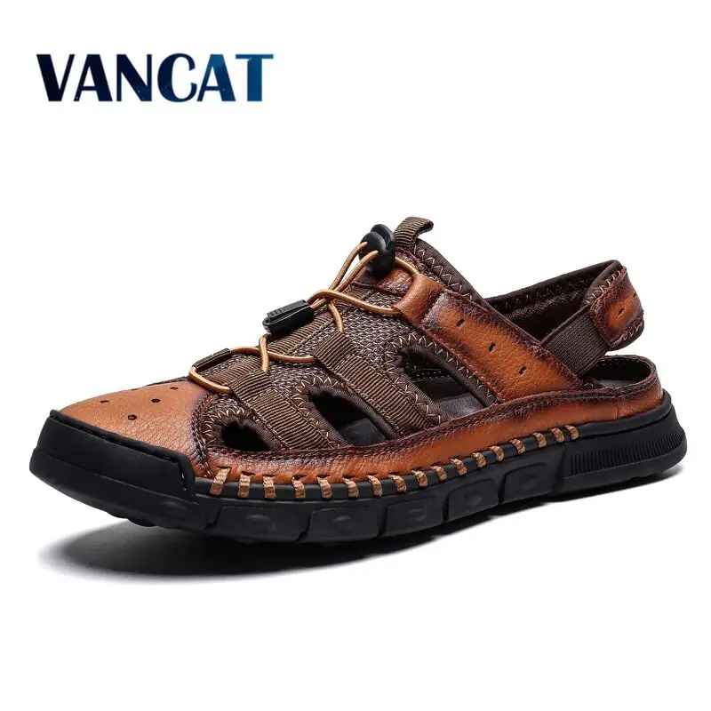 

2019 New Comfortable Handmade Men Sandals Genuine Leather Soft Summer Men's Shoes Retro Sewing Casual Beach Shoes Big Size 38-46