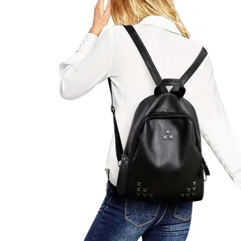 

Retro Casual Rivet Zipper Strap Shoulder Backpack Women Simple Versatile PU Leather Backpacks 2019 High Quality Black Backpack