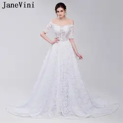 JaneVini Винтаж Белый кружево Длинные свадебные платья с открытыми плечами Половина рукава линии плюс размеры Vestido De Noiva Longo