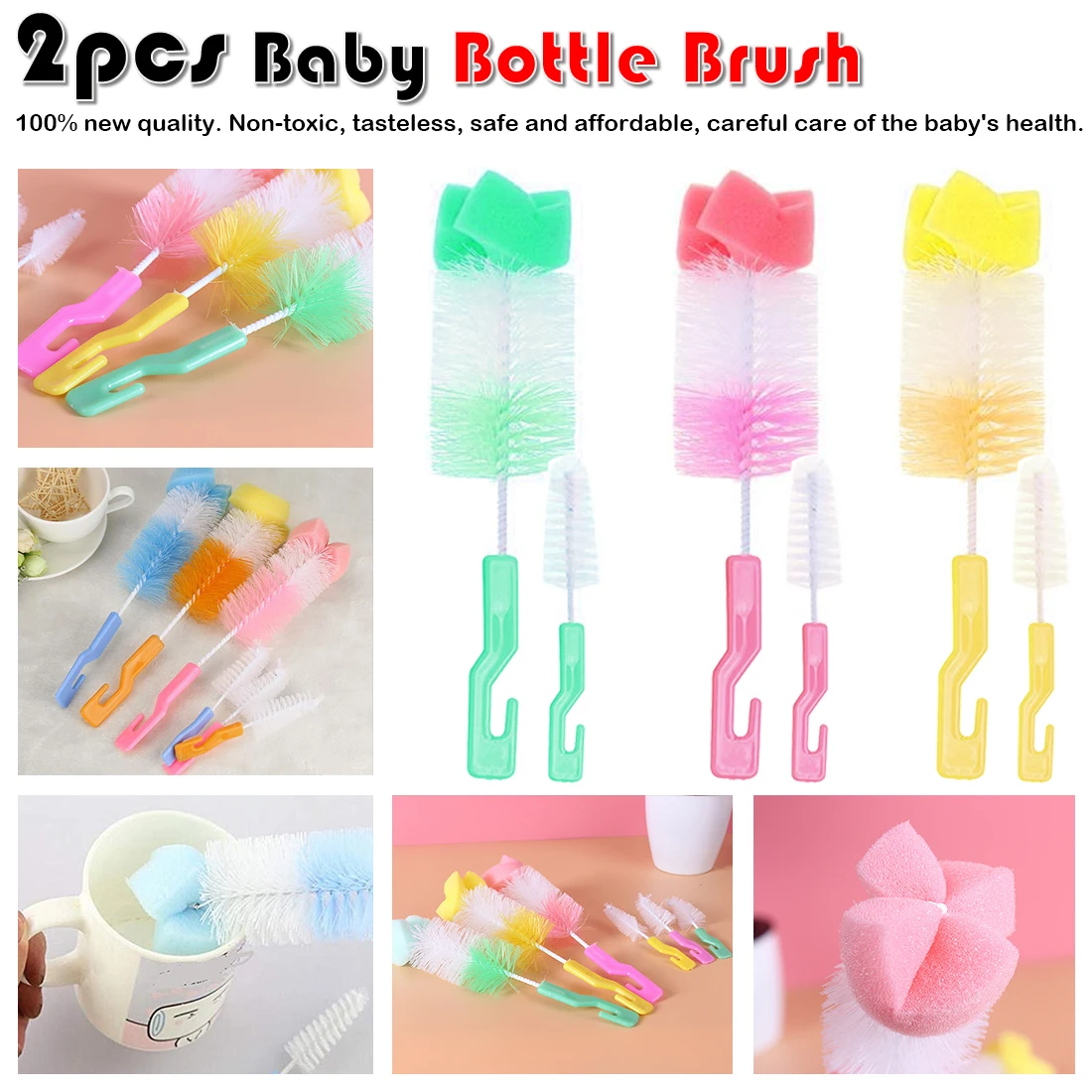 

Random color 2pcs/set Baby Bottle Brush Nipple Brush 360-degree Rotating Head Cleaning Sponge Cup Brush Kit