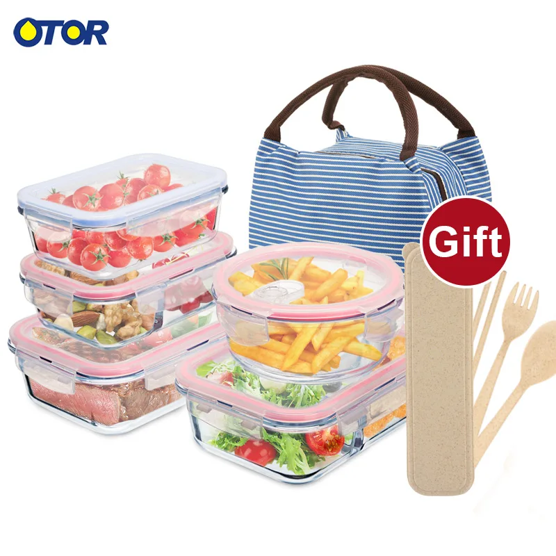 OTOR Food glass container Lunch Box 3 Compartments Bento Boxes Microwave Dinnerware Food Storage Container   Glass Crisper