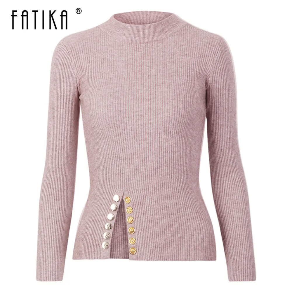 

FATIKA 2018 Autumn New Sweater For Women Long Sleeve Gold Button Fashion Pullover Knitted Tops Warm Knit Jumper Casual Sweaters