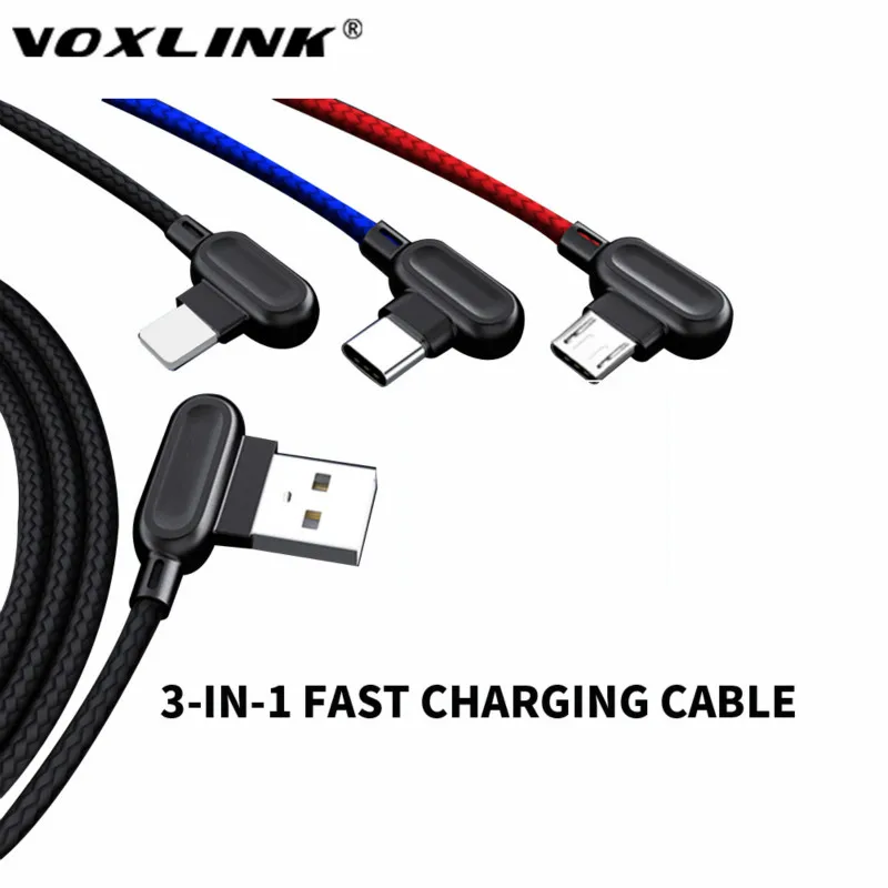 

VOXLINK 3 in 1 USB Cable For iPhone XS MAX Nylon Braid Charger Micro USB cord For Android Type C 90 Degree Mobile Phone Cables