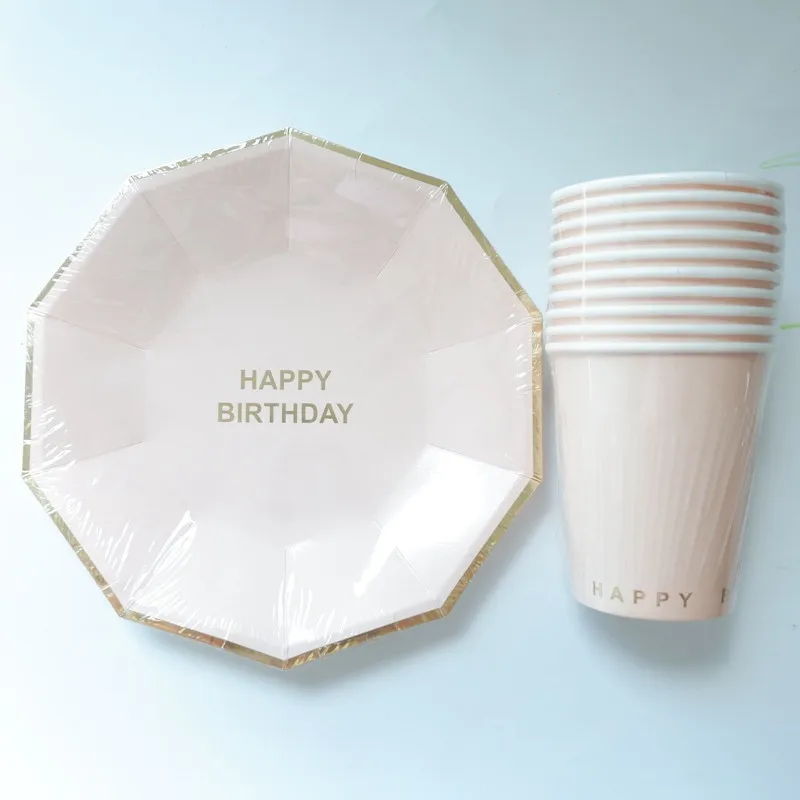 

20pcs/lot Gold Foil Pink Disposable Tableware Party Paper Plates Baby Shower Happy Birthday Party Supplies Paper Cups Tableware