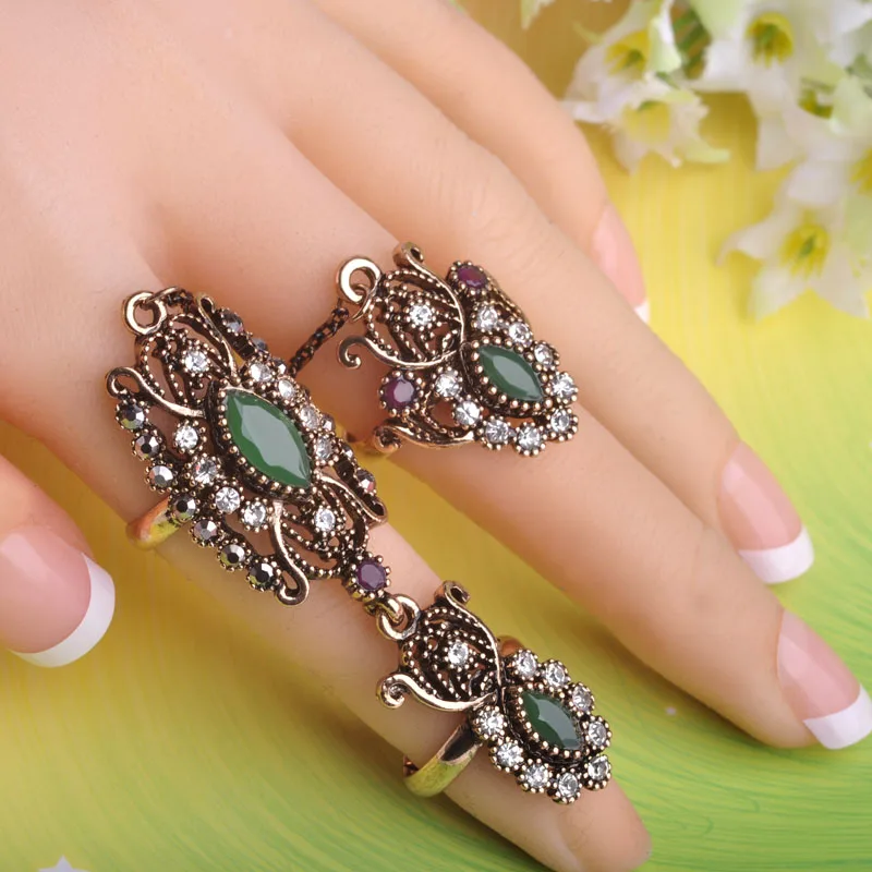 Vintage Turkish Two Finger Rings Antique Gold Plated Sapphire Jewelry