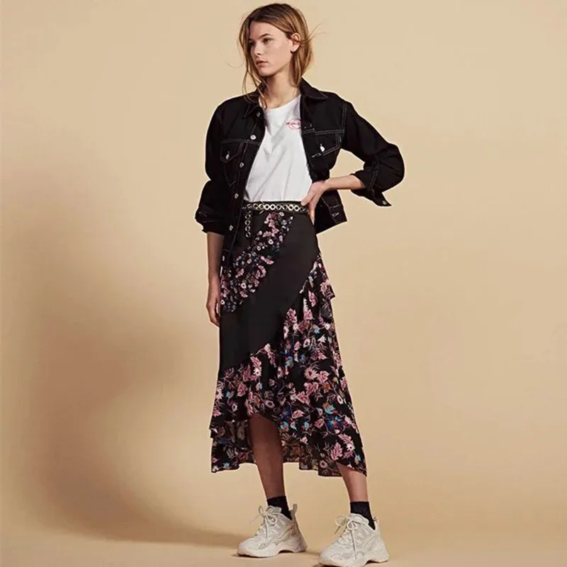 

2019 New Women Skirt Flower Print Ruffle Irregular Long Skirt