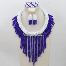 Королевский синий кристалл Бусины комплект ювелирных изделий белый Африканский костюм Бусины ювелирные в нигерийском стиле Свадебные Цепочки и ожерелья комплект aij218
