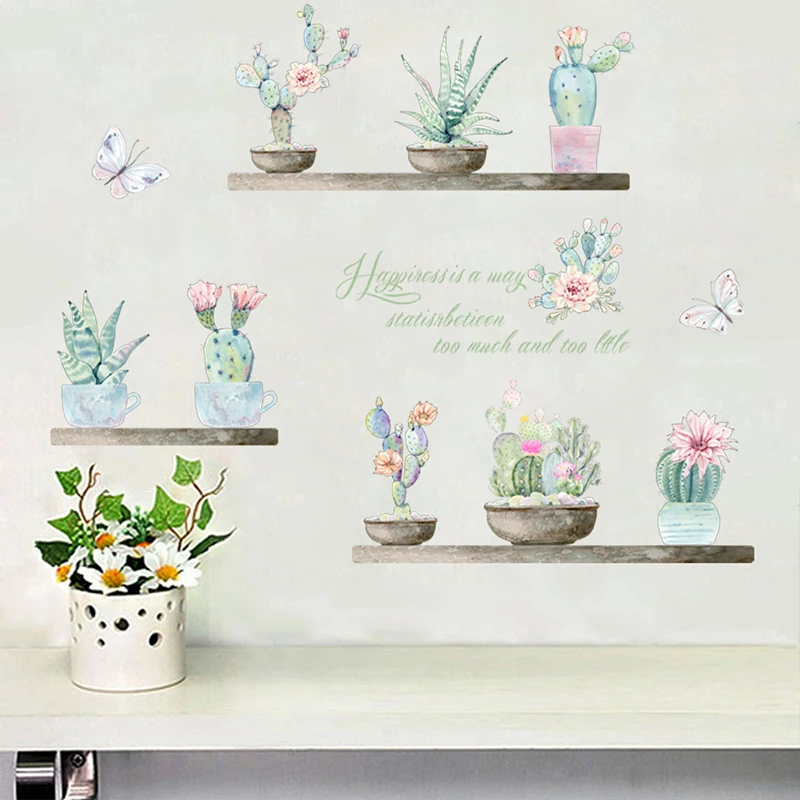 Green Cactus Flower Pot Wall Stickers For Living Room Home Decoration Accessories PVC Plant Pastoral Mural Decor Wall Art Decals