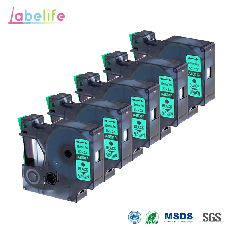 Labelife 5 Pack 12mm 45019 Black Print on Green for Dymo D1 Standard Self Adhesive Labels For ...