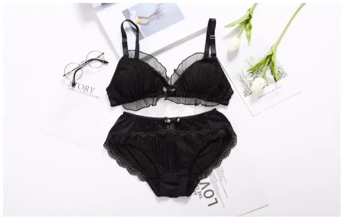 Cute Lace Trim Black & White Japanese Bra & Panties Set Wirefree Soft Underwear Sleep Intimates Set Kawaii Lolita white underwear set