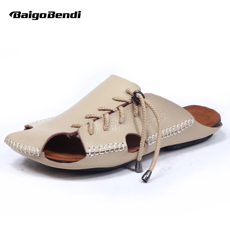 Clearance Sale !! US 8.5 Men Real Leather Casual Close Toe Slippers Outside Man Casual Sandals Slides Summer Shoes