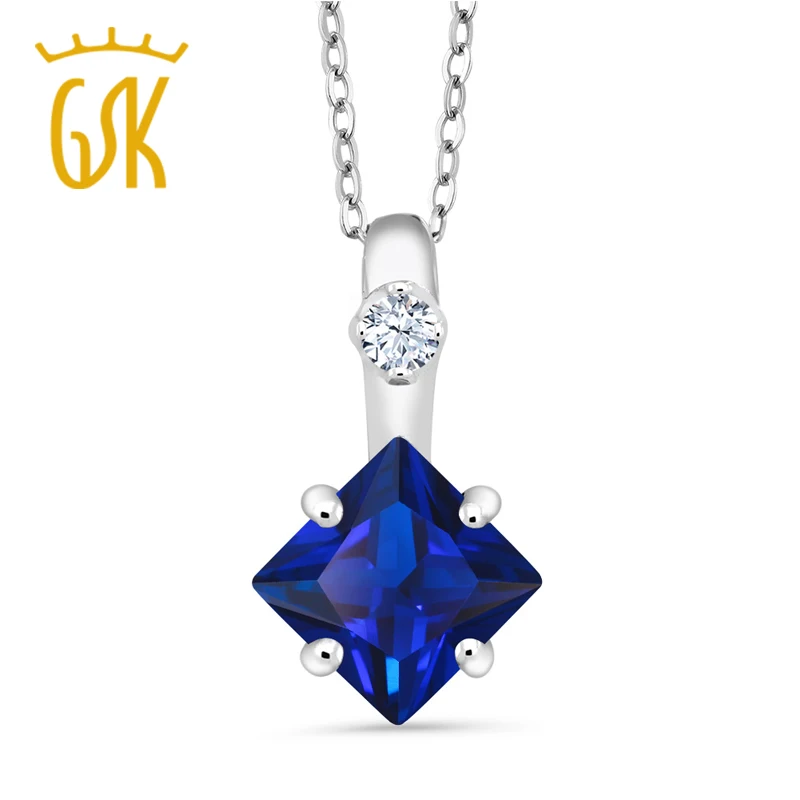 GemStoneKing 2.25 Ct Blue Simulated Sapphire White Created Sapphire 925 Sterling Silver Pendant 