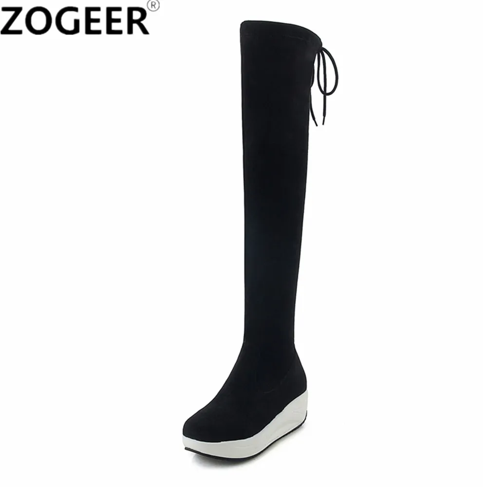 

Stretch Fabric Over The Knee Boots Women Round Toe Spring Black Thigh High Boots Casual low heels platform Shoes Woman