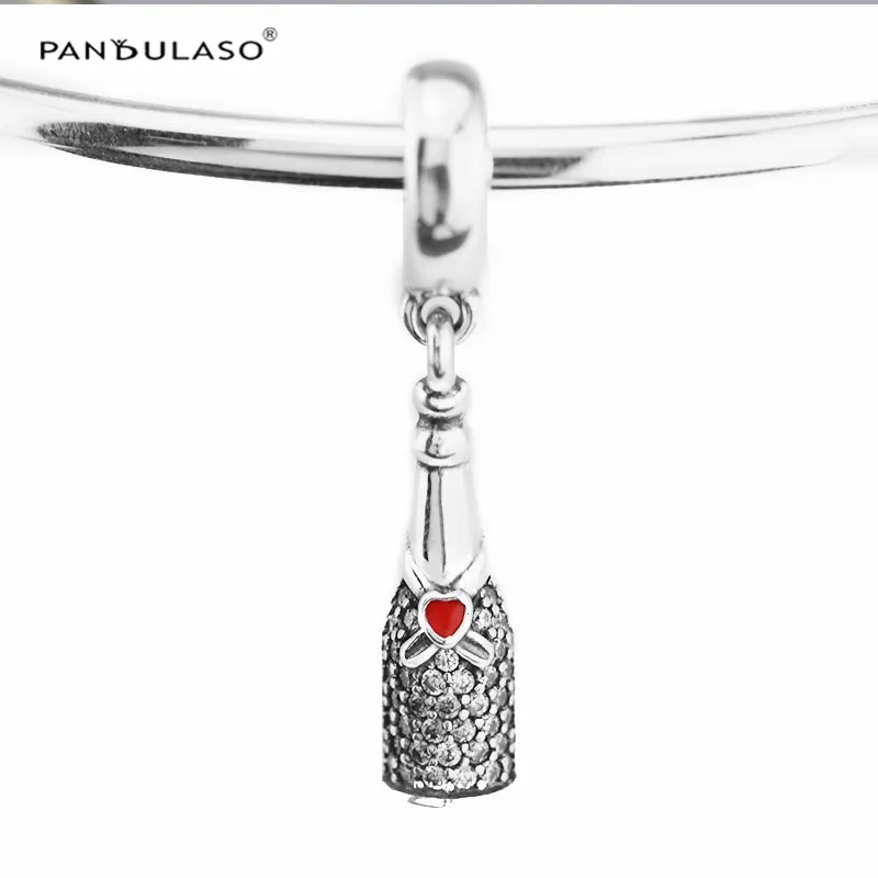 

Pandulaso Celebration Time Beads Fit Charms Bracelets Red Enamel Heart & Clear CZ Wine Pendants DIY Beads for Jewelry Making