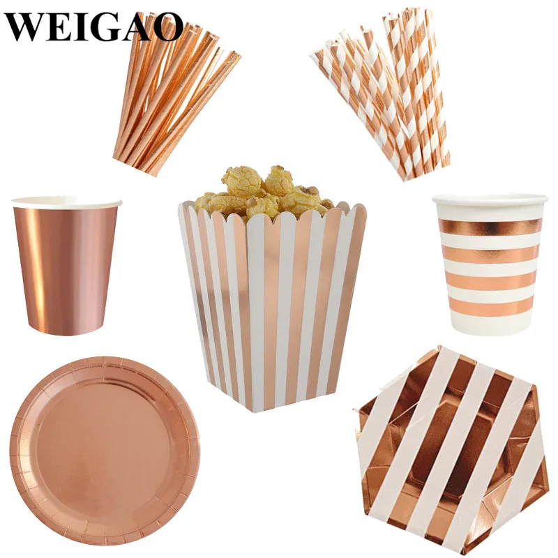 

WEIGAO Birthday Party Disposable Tableware Rose Gold Birthday Plate Straw Cup Popcron Box Kids Happy Birthday Tableware Supplies