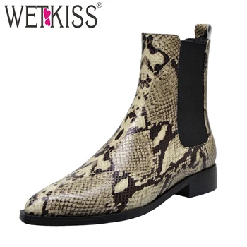 

WETKISS Snake Skin Cow Leather Ankle Boots Women Low Heels Chelsea Booties Ladies Pointed Toe Shoes Ladies Print Shoes Autumn