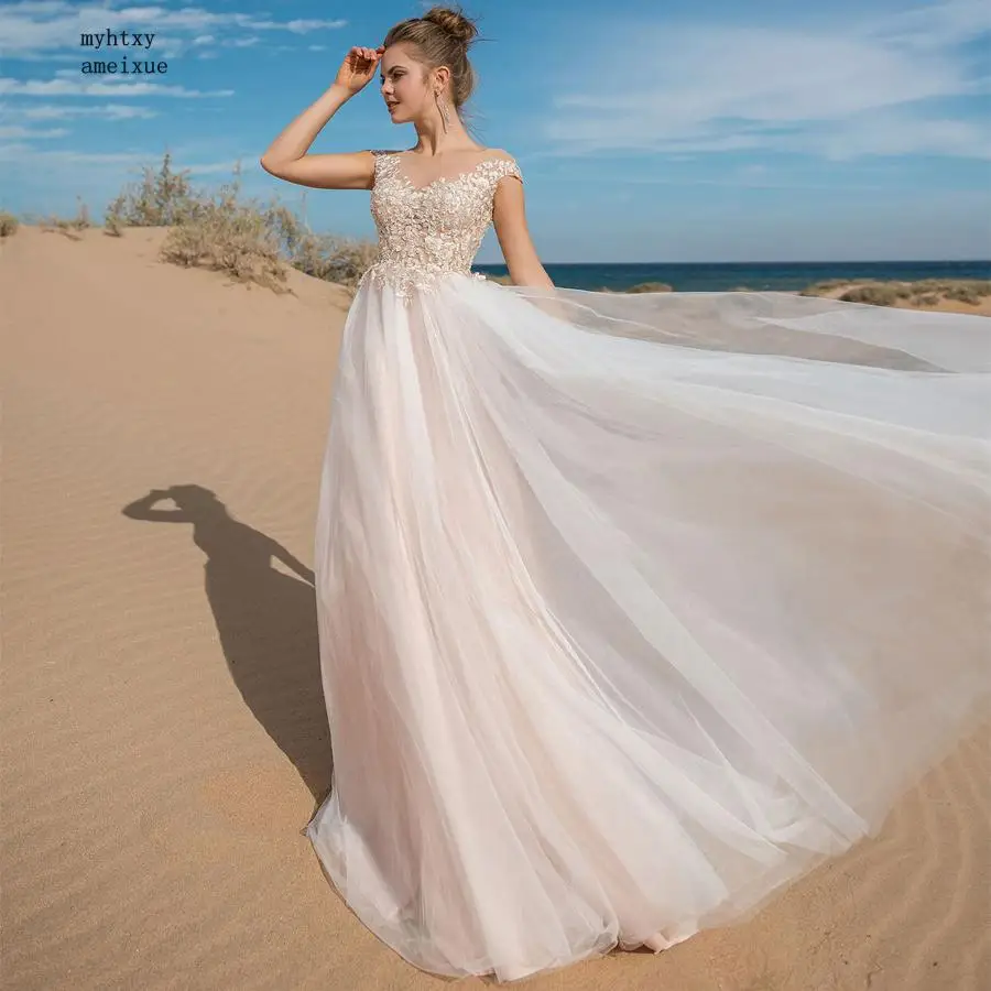 

2019 Summer Cheap Wedding Dress Cap Sleeve Lace Applique Tulle Wedding Gowns Gelinlik See-through Back Vestidos De Novia